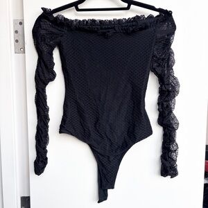NBD Black Lace Ruched Long Sleeve Bodysuit XS Off The Shoulder Revolve